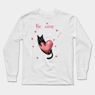 Happy valentines black cat. Cute cat and red hearts. Long Sleeve T-Shirt